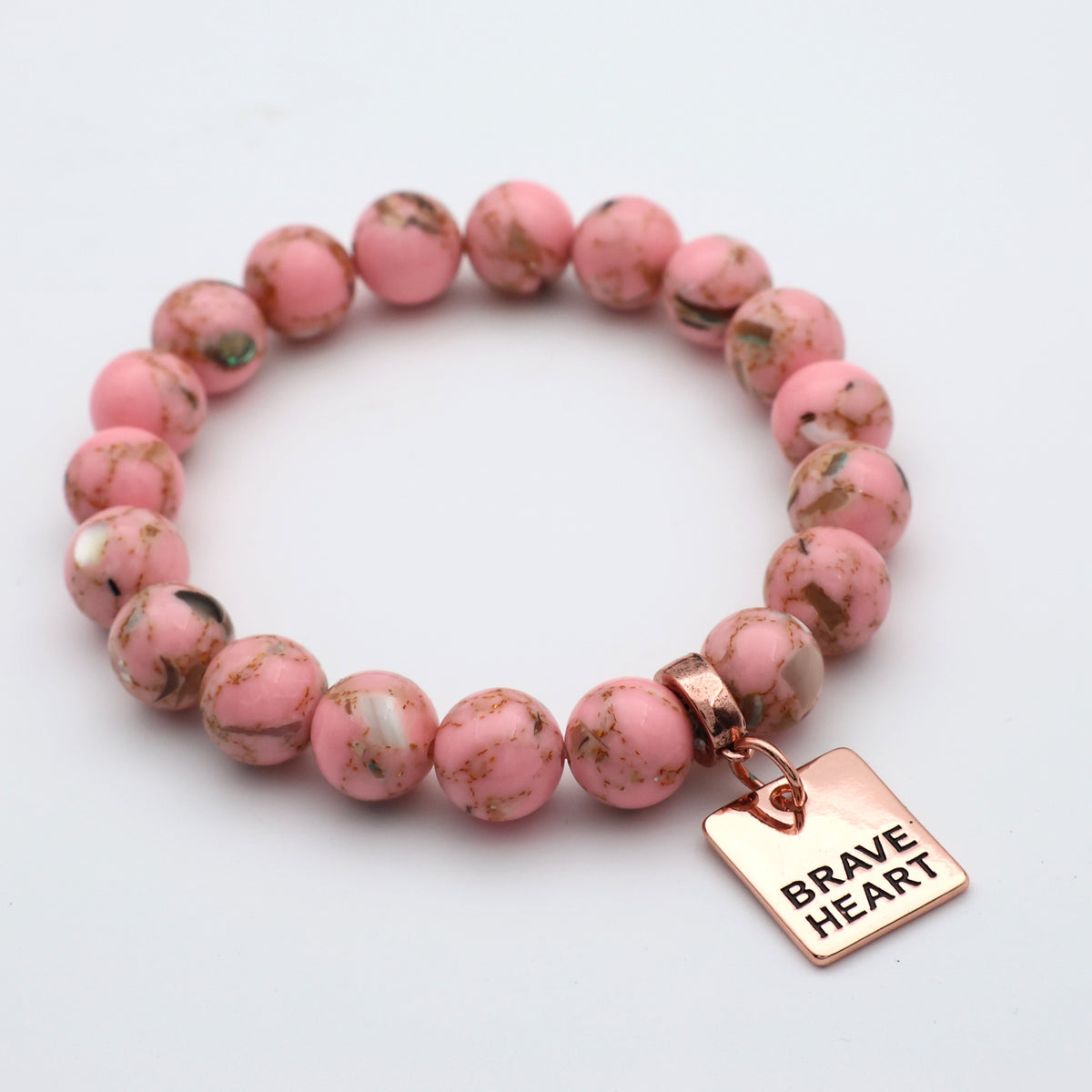 PINK COLLECTION - Soft Pink Synthesis 10mm Bead Bracelet  -  Rose Gold Word Charms