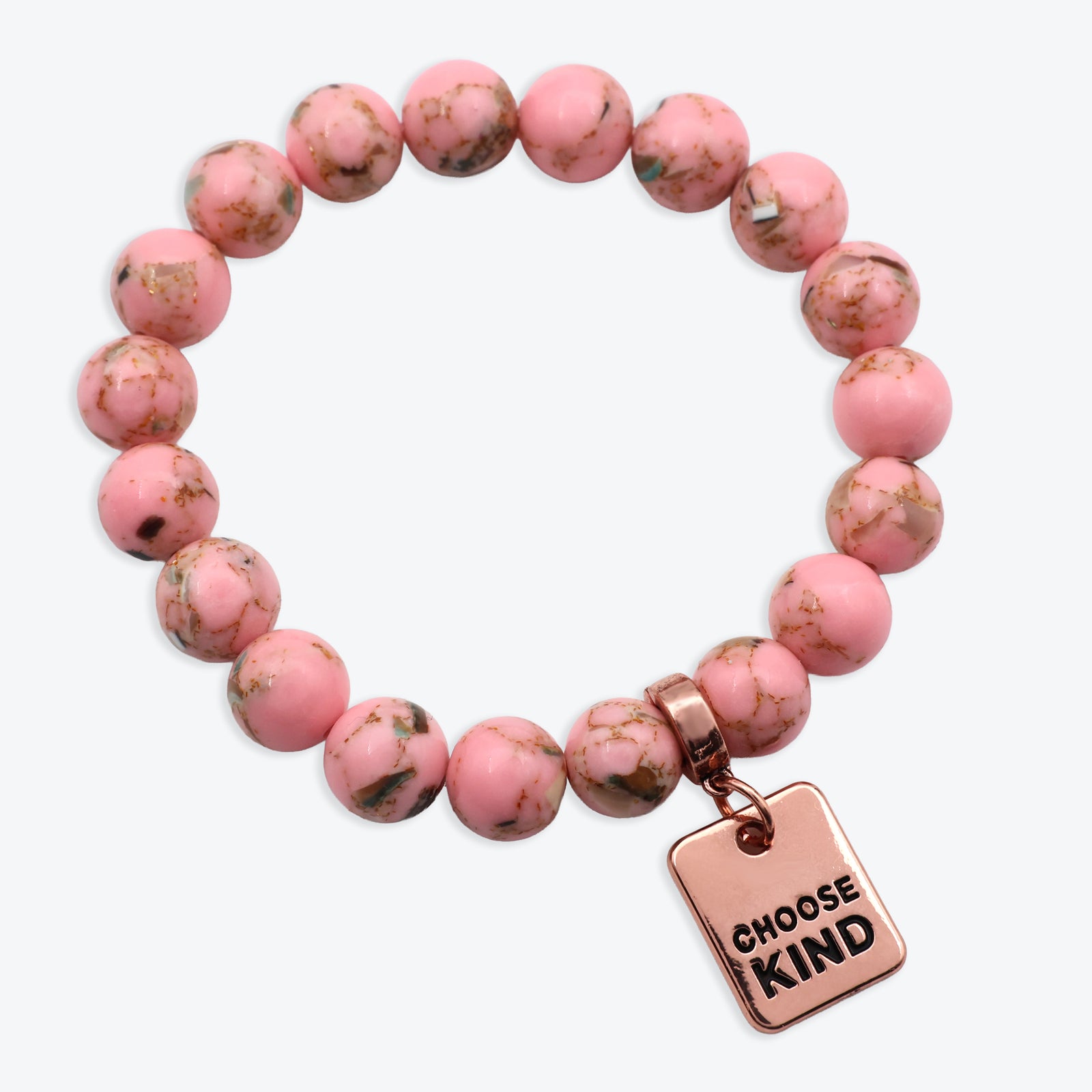 Soft Pink Synthesis Stone 10mm Bead Bracelet with Love Rose Gold Word Charm. Fundraiser for the National Breast Cancer Foundation