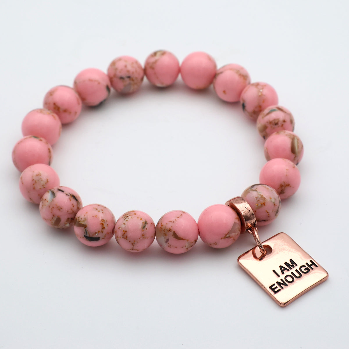 PINK COLLECTION - Soft Pink Synthesis 10mm Bead Bracelet  -  Rose Gold Word Charms
