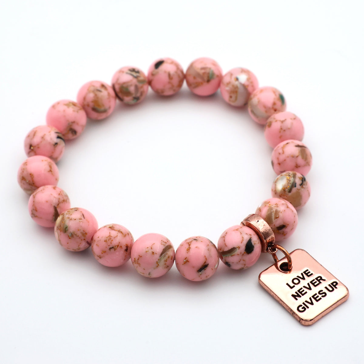 PINK COLLECTION - Soft Pink Synthesis 10mm Bead Bracelet  -  Rose Gold Word Charms