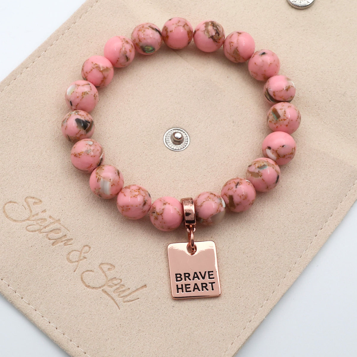 PINK COLLECTION - Soft Pink Synthesis 10mm Bead Bracelet  -  Rose Gold Word Charms