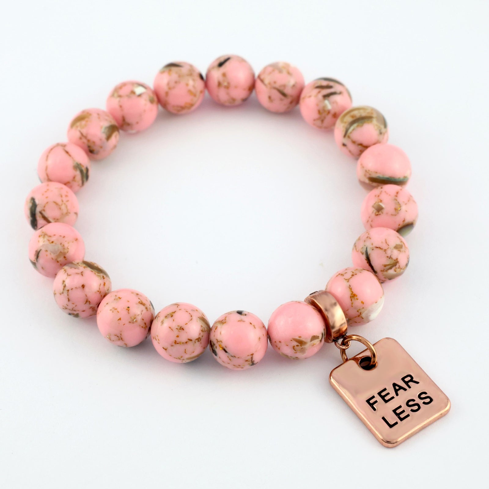 Soft Pink Synthesis Stone 10mm Bead Bracelet with Love Rose Gold Word Charm. Fundraiser for the National Breast Cancer Foundation