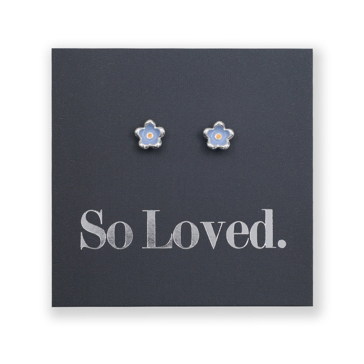 Blue flower earrings with blue and orange enamel detail on a grey card with silver 'So Loved' writing. 
