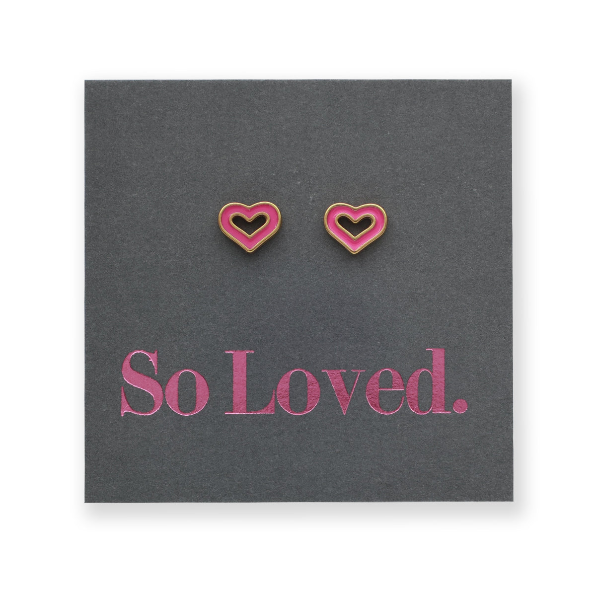 So Loved Stainless Steel Stud Earrings - Gold Sweethearts with Hot Pink Enamel