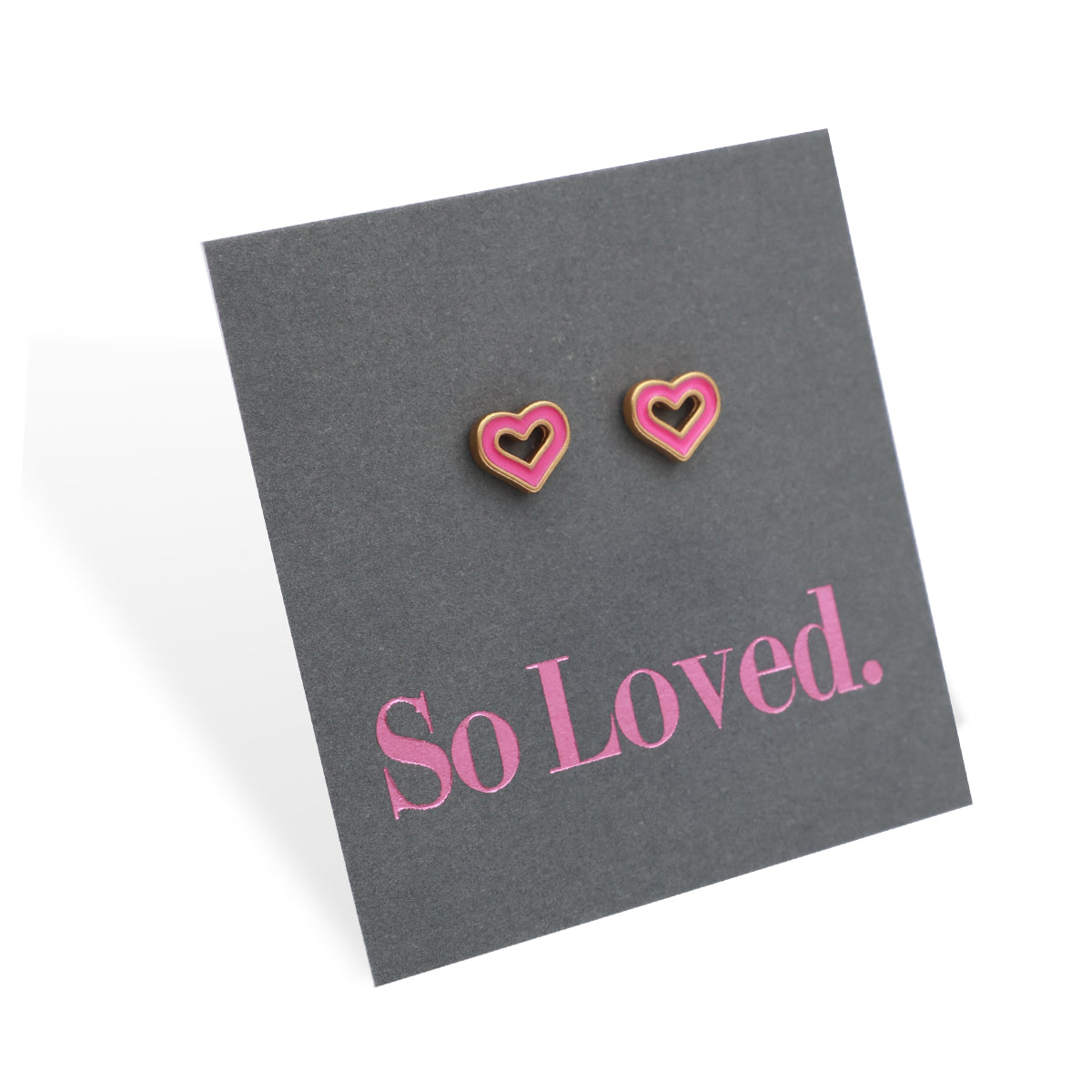 So Loved Stainless Steel Stud Earrings - Gold Sweethearts with Hot Pink Enamel