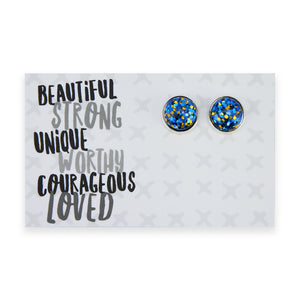 SPARKLEFEST - Beautiful Strong Unique - Bright Silver 12mm Circle Studs - Blue & Gold Glitter (11851)