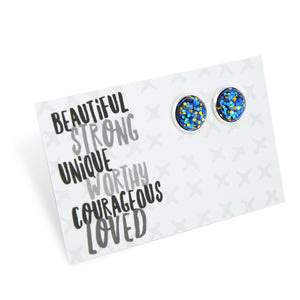 SPARKLEFEST - Beautiful Strong Unique - Bright Silver 12mm Circle Studs - Blue & Gold Glitter (11851)