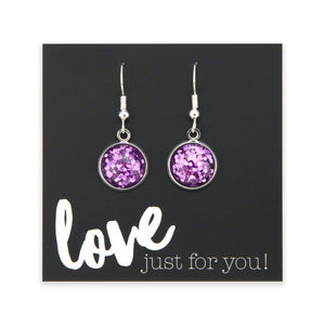 SPARKLEFEST - Love Just For You - Stainless Steel Vintage Silver Dangle Earrings - Purple Glitter (11424)