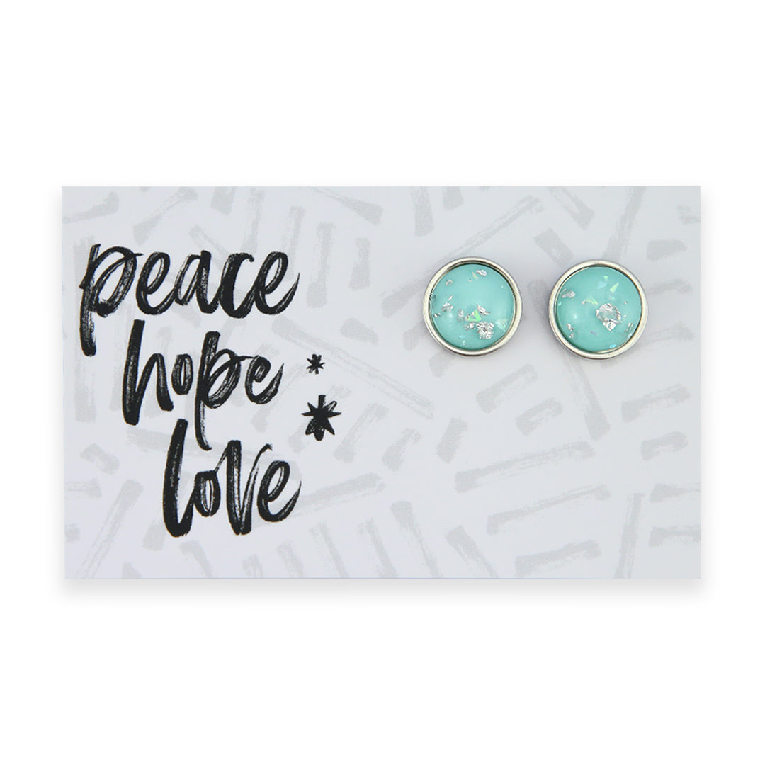 SPARKLEFEST - Peace Hope Love - Deluxe Stainless Steel Silver Studs - Aqua & Silver Leaf Resin (12162)