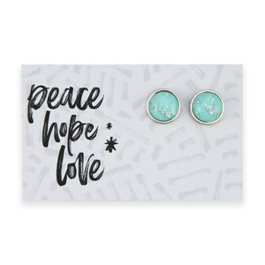 SPARKLEFEST - Peace Hope Love - Stainless Steel Silver Studs - Aqua & Silver Leaf Resin (12162)