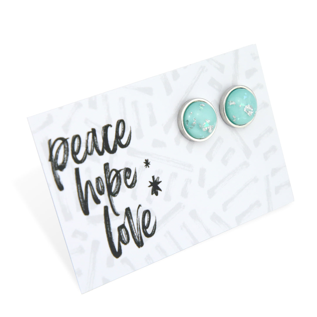 SPARKLEFEST - Peace Hope Love - Deluxe Stainless Steel Silver Studs - Aqua & Silver Leaf Resin (12162)