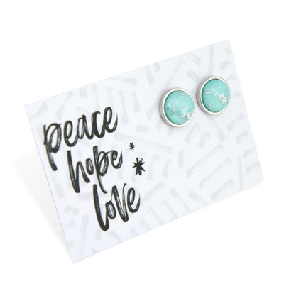 SPARKLEFEST - Peace Hope Love - Aqua and Silver Leaf Resin - Silver Stainless Steel Studs (12162)