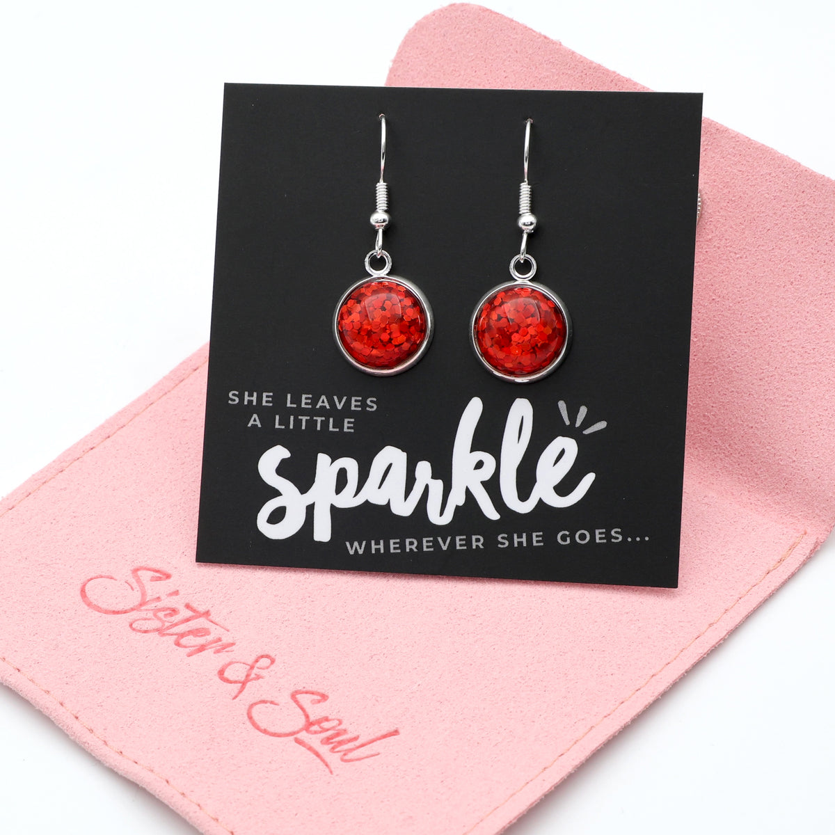 SPARKLEFEST - She Leaves A Little Sparkle - Stainless Steel Bright Silver Dangles - Red Glitter (11955)