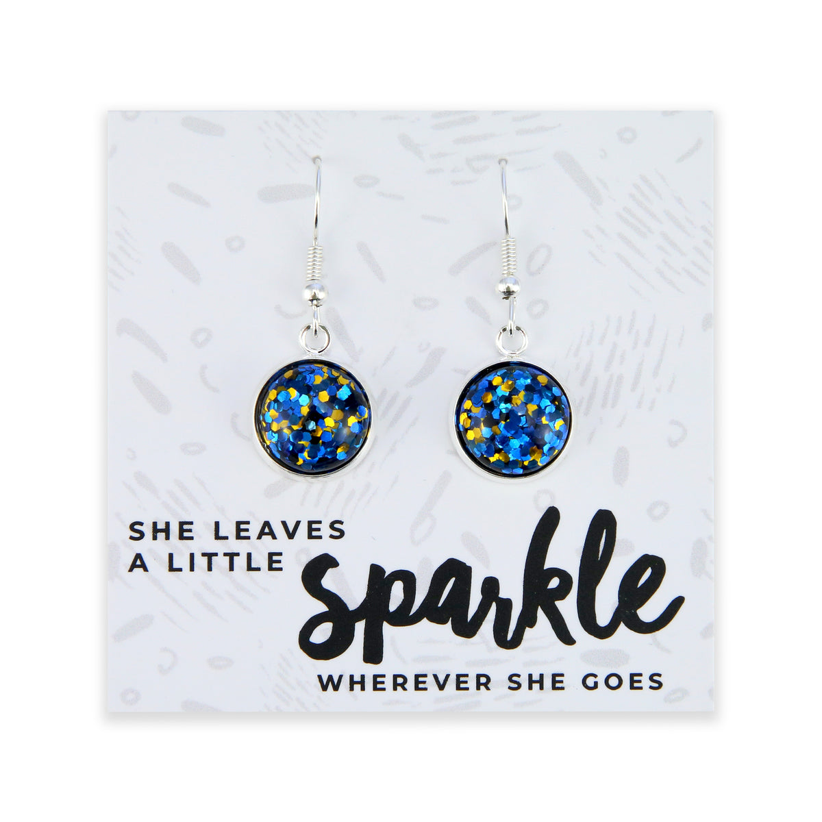 SPARKLEFEST - She Leaves A Little Sparkle - Bright Silver Dangle Earrings - Blue & Gold Glitter (11654)