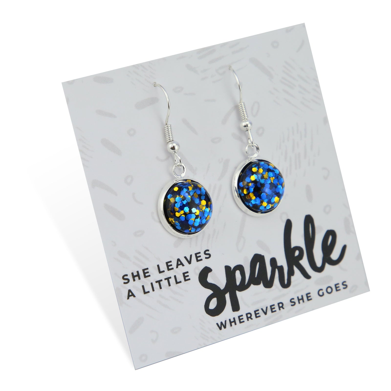 SPARKLEFEST - She Leaves A Little Sparkle - Bright Silver Dangle Earrings - Blue & Gold Glitter (11654)