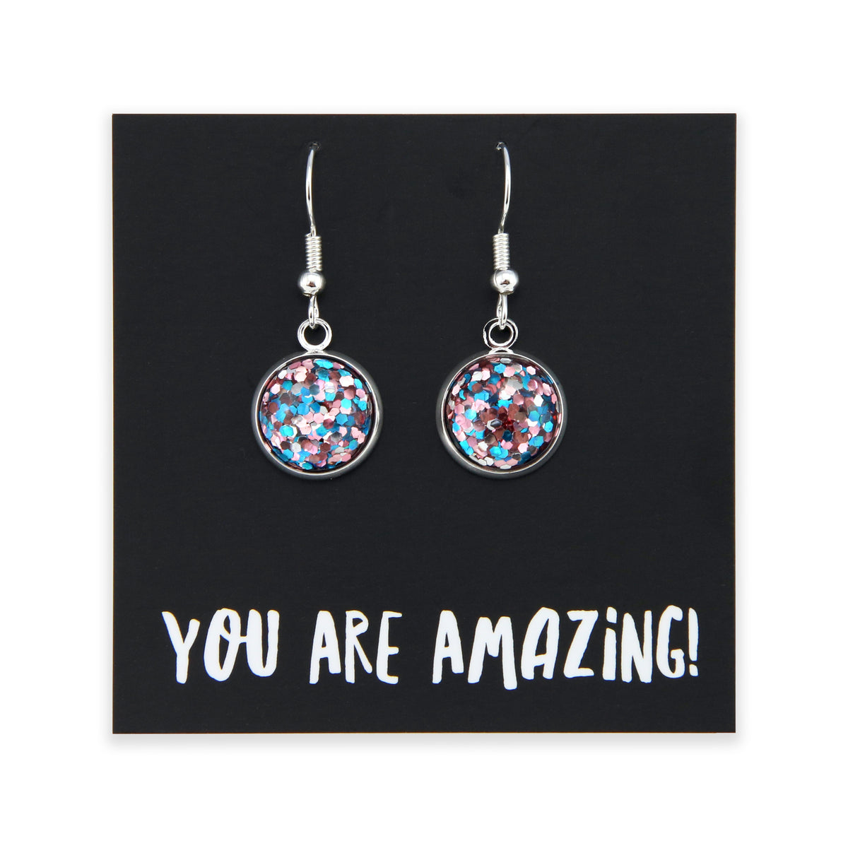 SPARKLEFEST - You Are Amazing- Vintage Silver Dangles - Pale Pink & Blue Glitter (12335)