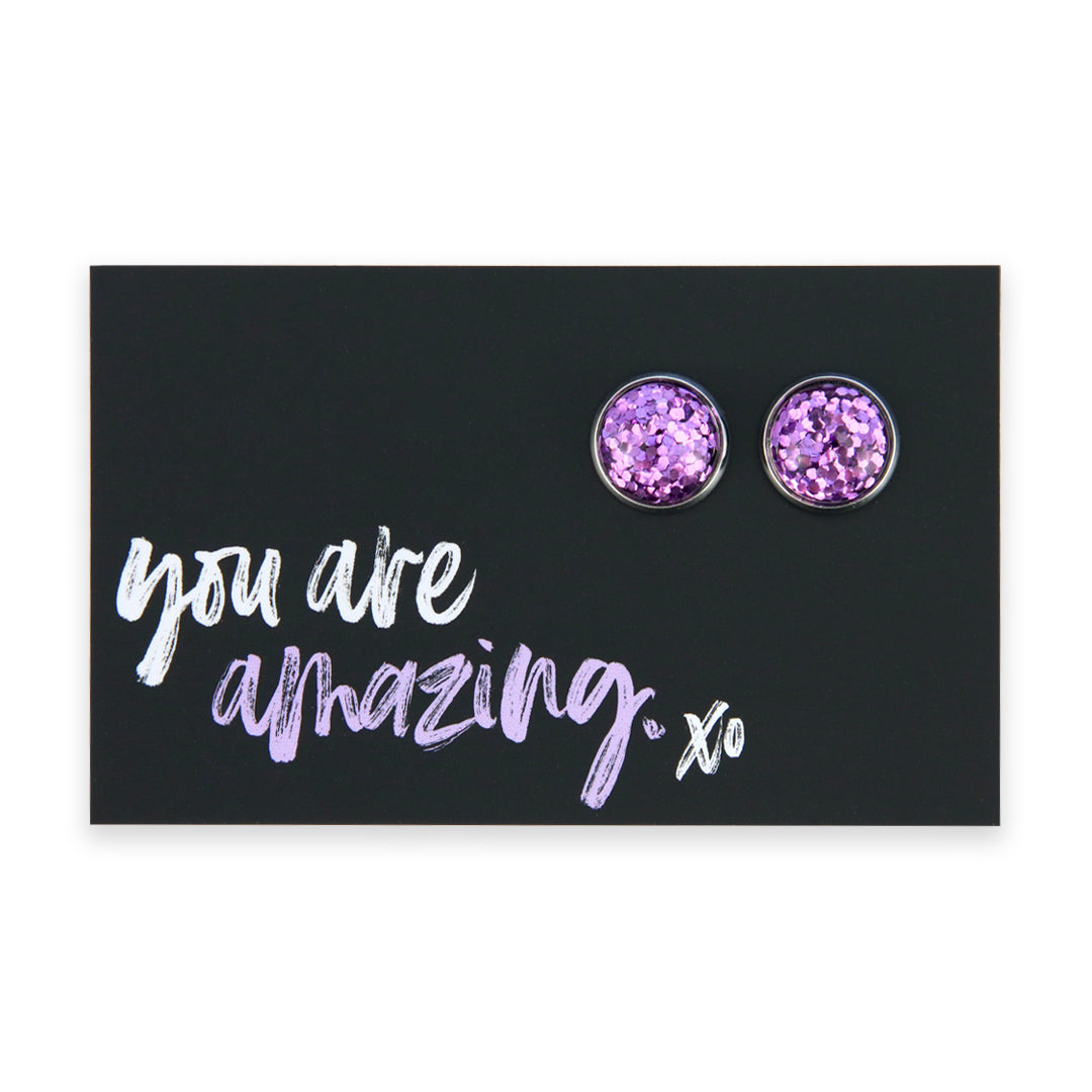 SPARKLEFEST - You Are Amazing - Vintage Silver 12mm Circle Studs - Purple Glitter Resin (11354)