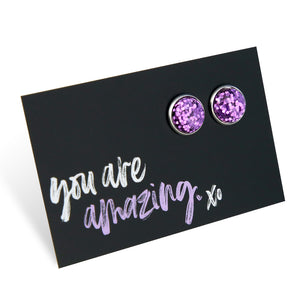 SPARKLEFEST - You Are Amazing - Vintage Silver 12mm Circle Studs - Purple Glitter Resin (11815)