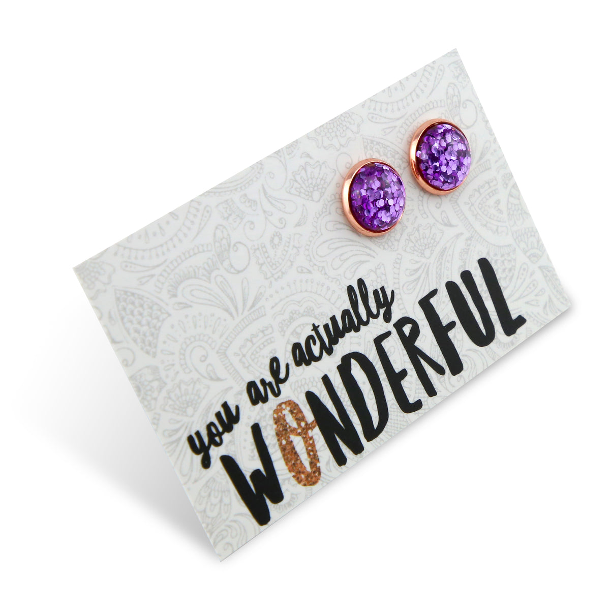 SPARKLEFEST - You Are Actually Wonderful - Rose Gold 12mm Circle Studs - Purple Glitter (2104-F)