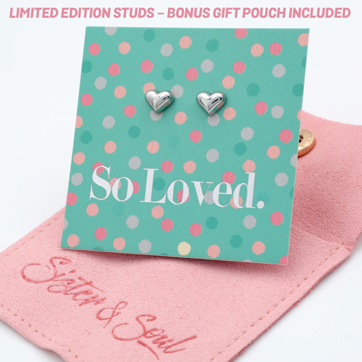 LIMITED EDITION Deluxe Steel Silver Tiny PUFFY Heart Studs with BONUS GIFT Pouch - So Loved