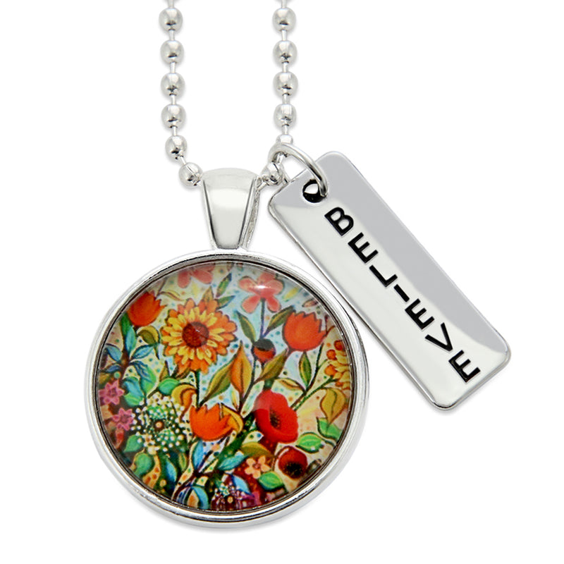 Heart & Soul Collection - Bright Silver 'BELIEVE' Necklace - Springtime Buds (10144)
