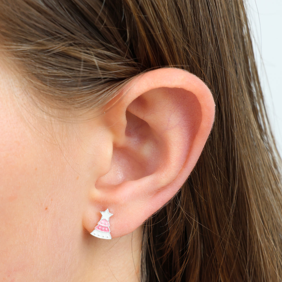 Pink Enamel Christmas Tree Studs - Joy Peace Love - Sterling Silver (9105)