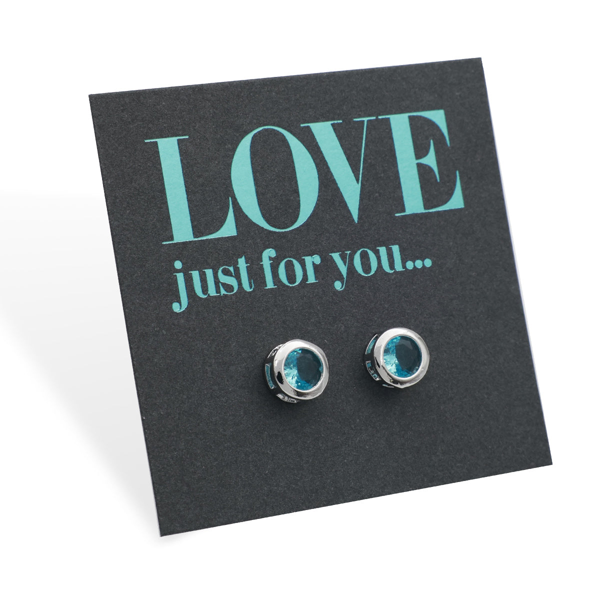  teal gem circle silver studs on grey card with teal writing that says "love just for you" on a white background