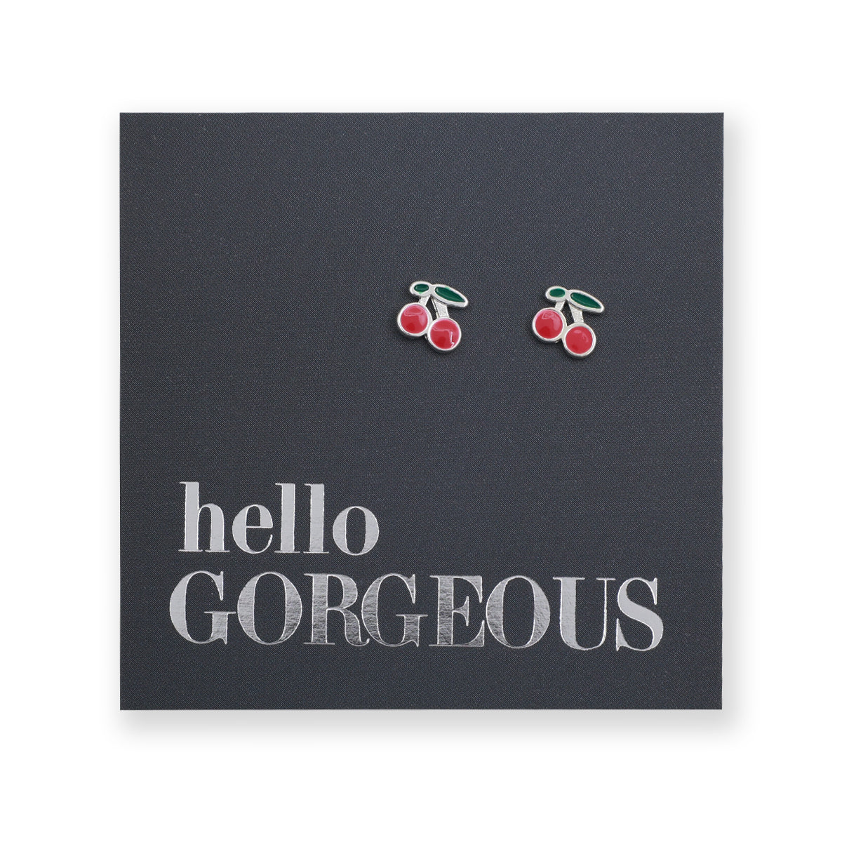 silver cherry earrings on a grey card with silver writing "Hello Gorgeous" on a white background 