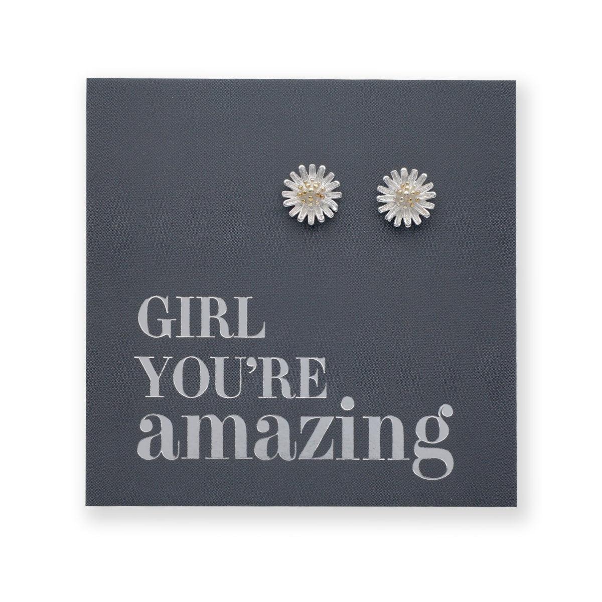 silver daisy studs on a grey card that says "girl You're Amazing" on a white background 