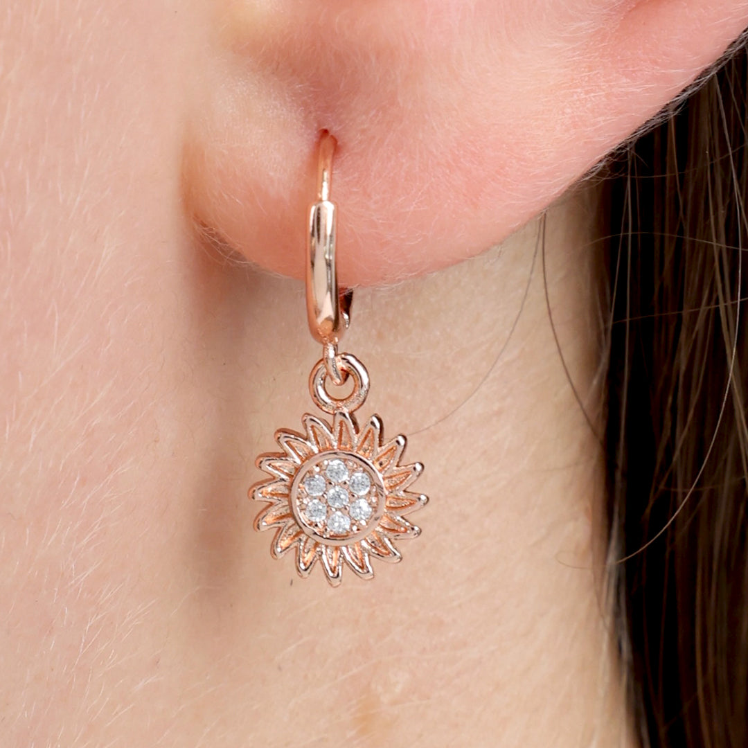 HUGGIES - You Are Amazing - Sterling Silver Rose Gold Hoops with Sunflower Charm (11661)