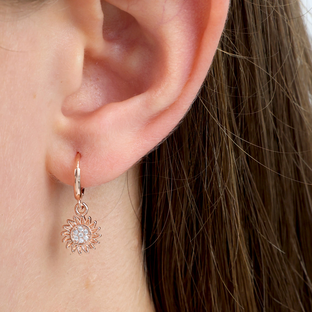 HUGGIES - You Are Amazing - Sterling Silver Rose Gold Hoops with Sunflower Charm (11661)