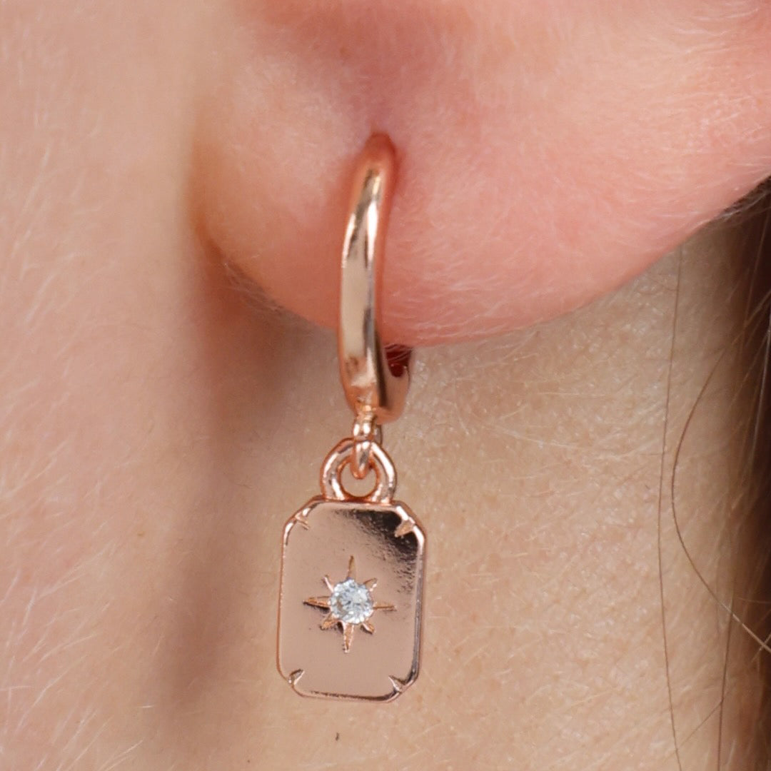 HUGGIES - Love Just For You - Sterling Silver Rose Gold Hoops with North Star Rectangle Shaped Charm (11423)