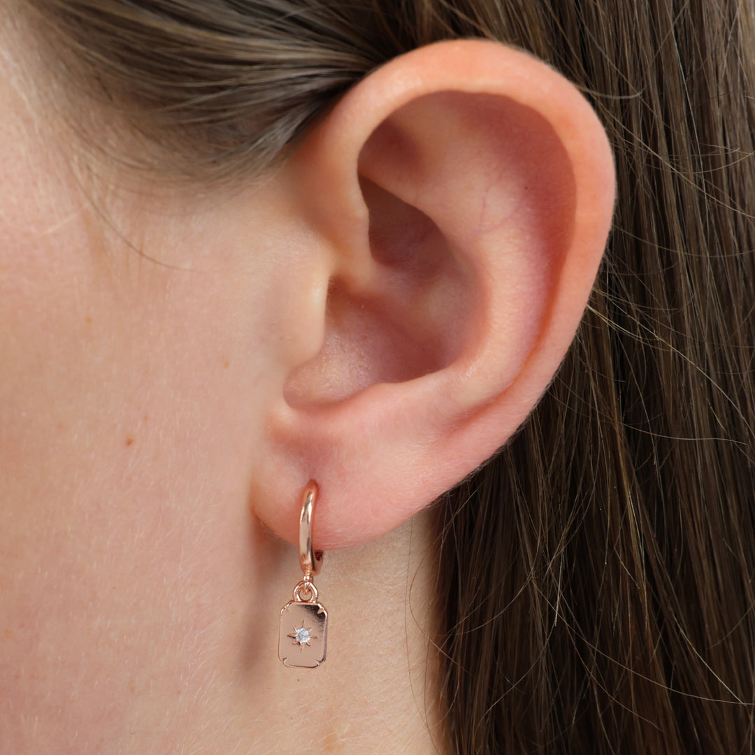 HUGGIES - Love Just For You - Sterling Silver Rose Gold Hoops with North Star Rectangle Shaped Charm (11423)