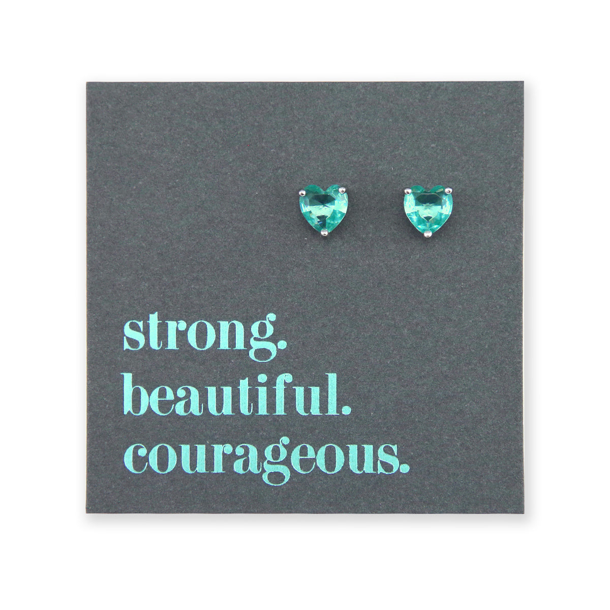 TEAL sterling silver heart with aqua coloured quartz earring studs, a product that raises funds for Ovarian cancer. Presented on an inspiring card that says strong beautiful and courageous. 