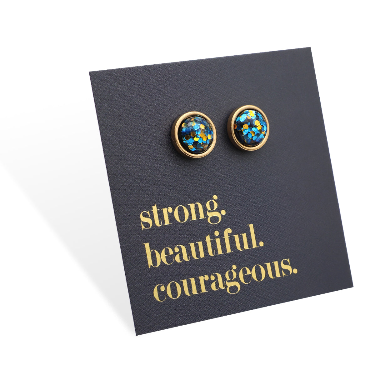 Strong Beautiful Courageous - Gold Stainless Steel 8mm Circle Studs - Blue & Gold Glitter (11561)