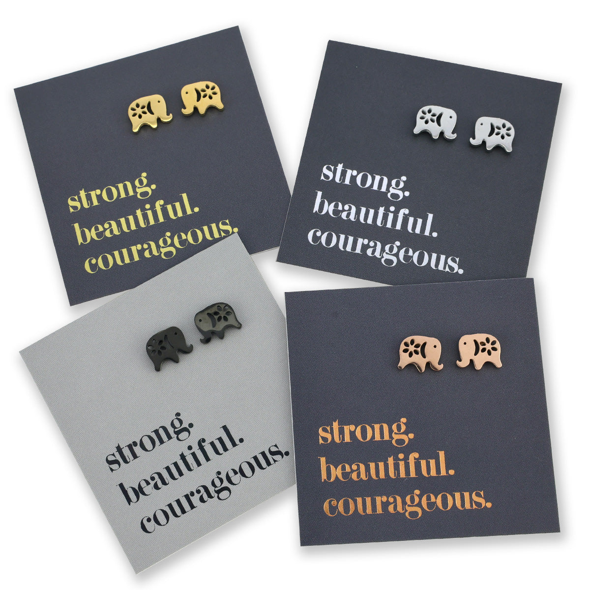 Stainless Steel Earring Studs - Strong Beautiful Courageous - ELEPHANTS