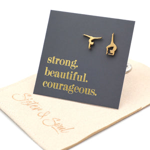 Gold gymnastics stainless steel hypoallergenic earrings on a card with 'strong. beautiful. courageous.' text, on a white background.