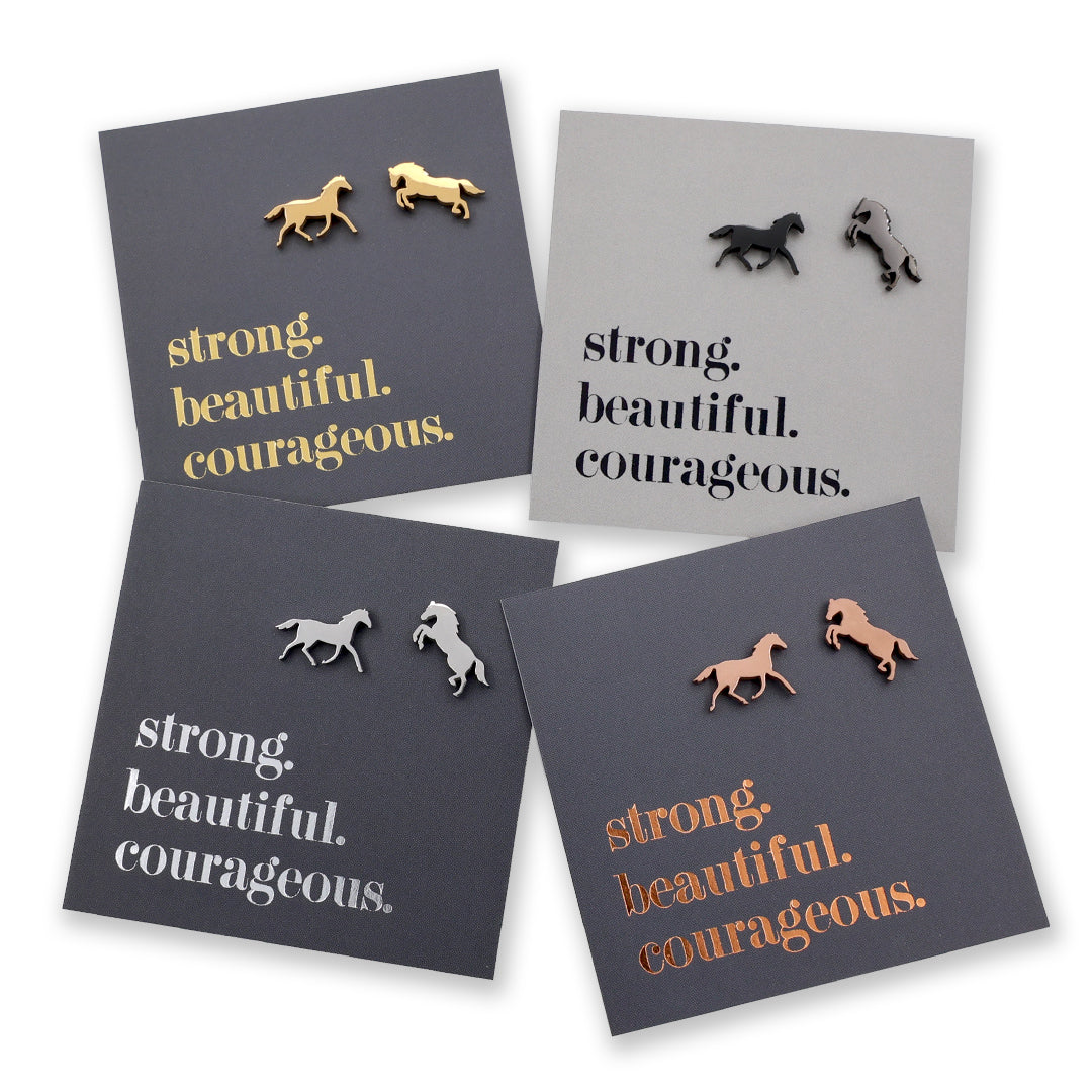 Stainless Steel Earring Studs - Strong Beautiful Courageous - HORSES