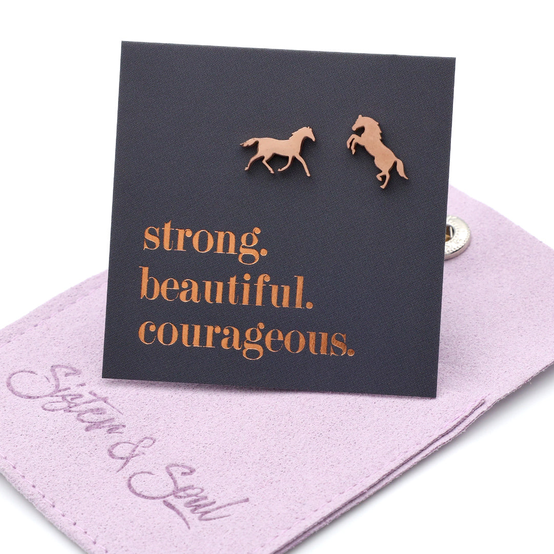 Stainless Steel Earring Studs - Strong Beautiful Courageous - HORSES