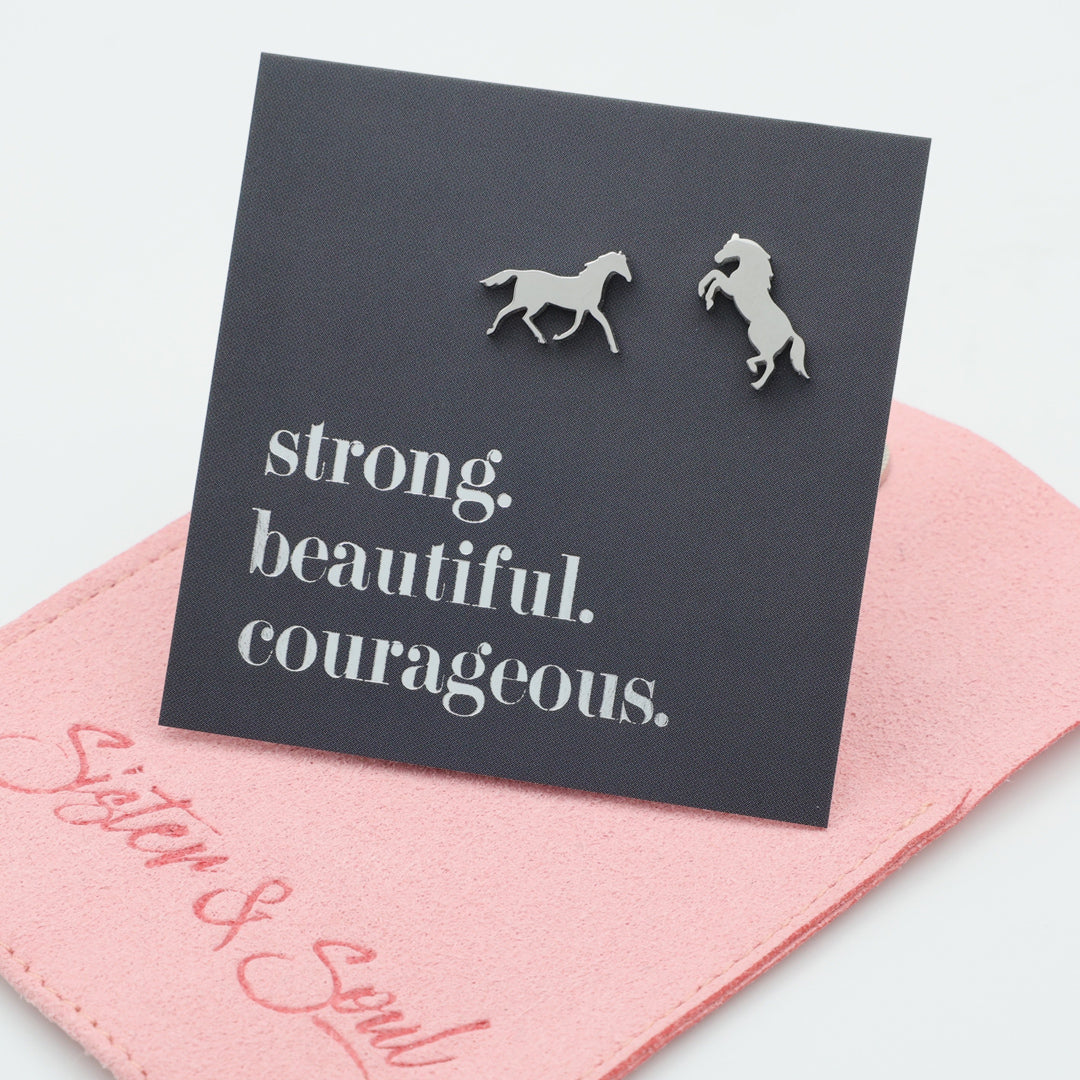 Stainless Steel Earring Studs - Strong Beautiful Courageous - HORSES