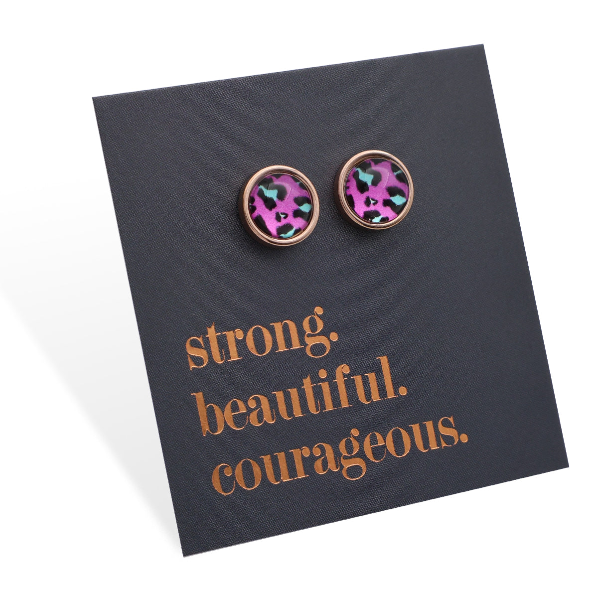 Strong Beautiful Courageous - Rose Gold Stainless Steel 8mm Circle Studs - Magenta Leopard (11355)