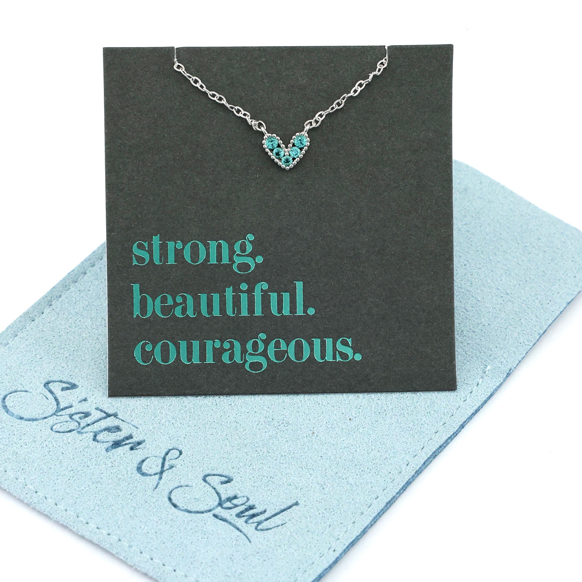 Premium Fine Necklace - Sterling Silver with Teal Heart + CZ - Strong Beautiful Courageous (2102-R)
