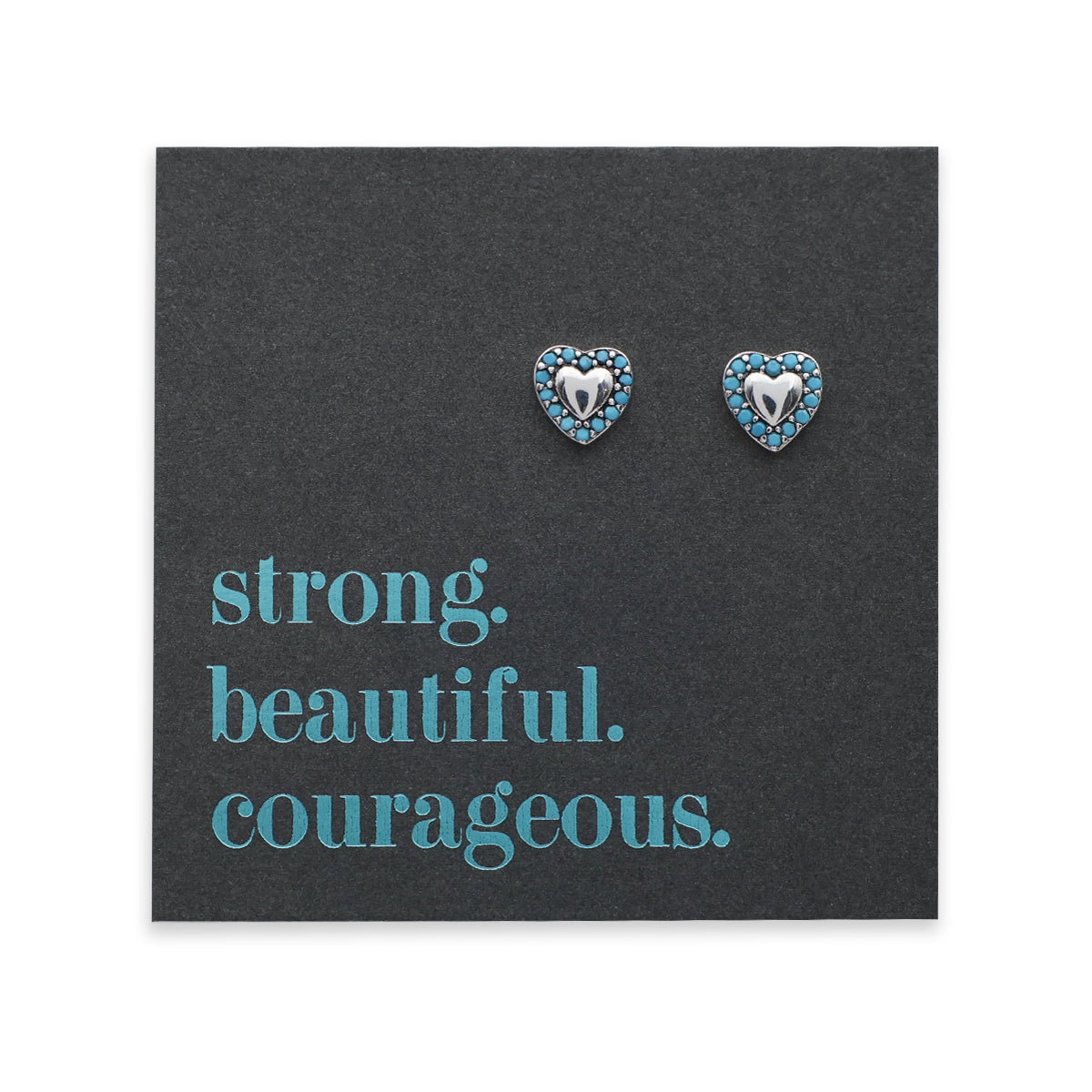 TEAL COLLECTION - Tiny Turquoise & Silver Hearts - Sterling Silver Studs - Strong Beautiful Courageous (11863)