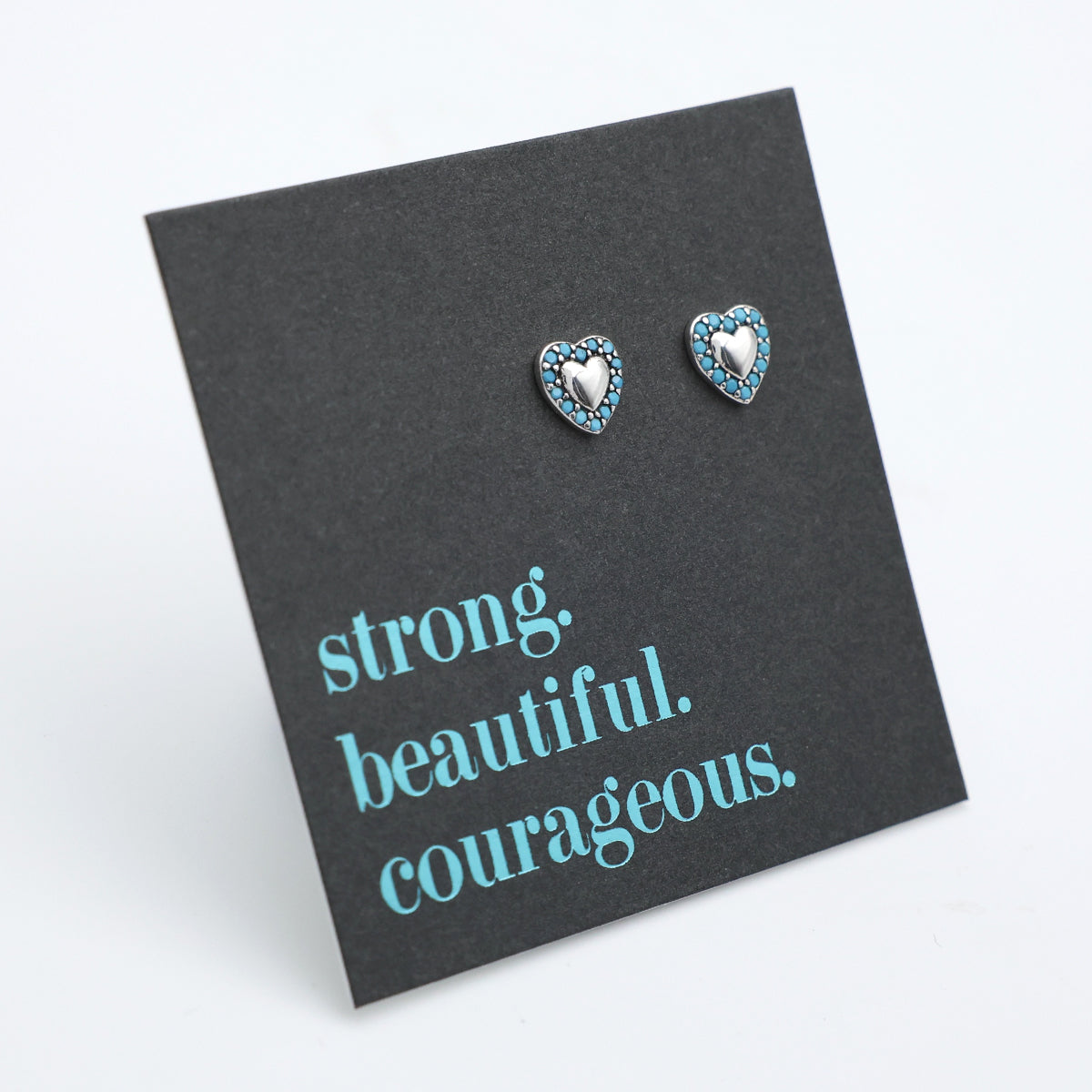 TEAL COLLECTION - Tiny Turquoise & Silver Hearts - Sterling Silver Studs - Strong Beautiful Courageous (11863)