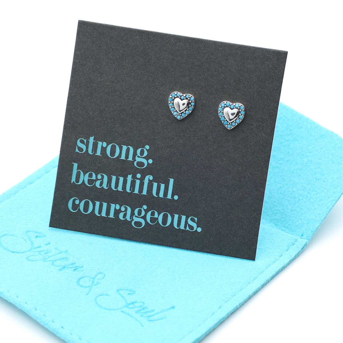 TEAL COLLECTION - Tiny Turquoise & Silver Hearts - Sterling Silver Studs - Strong Beautiful Courageous (11863)