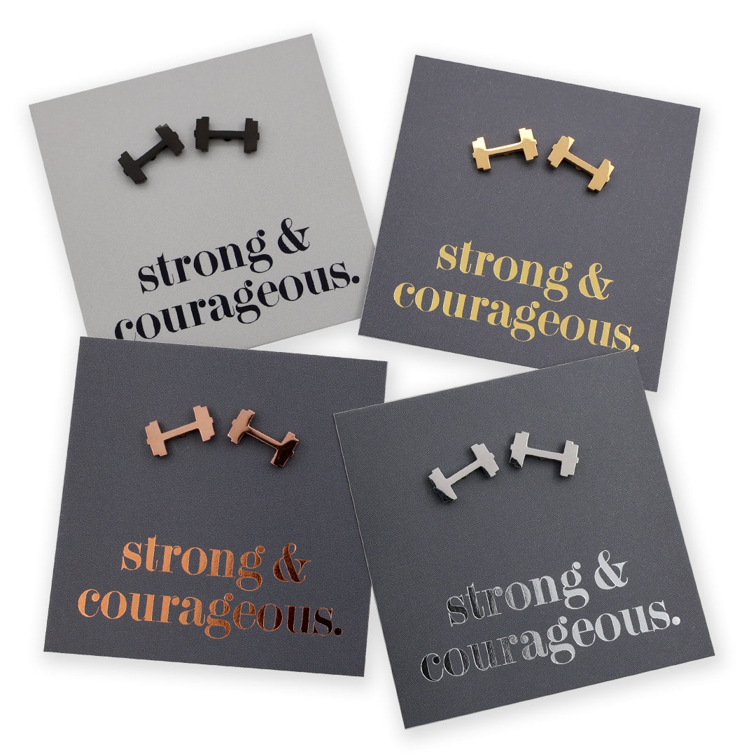 Stainless Steel Earring Studs - Strong & Courageous - DUMBBELLS
