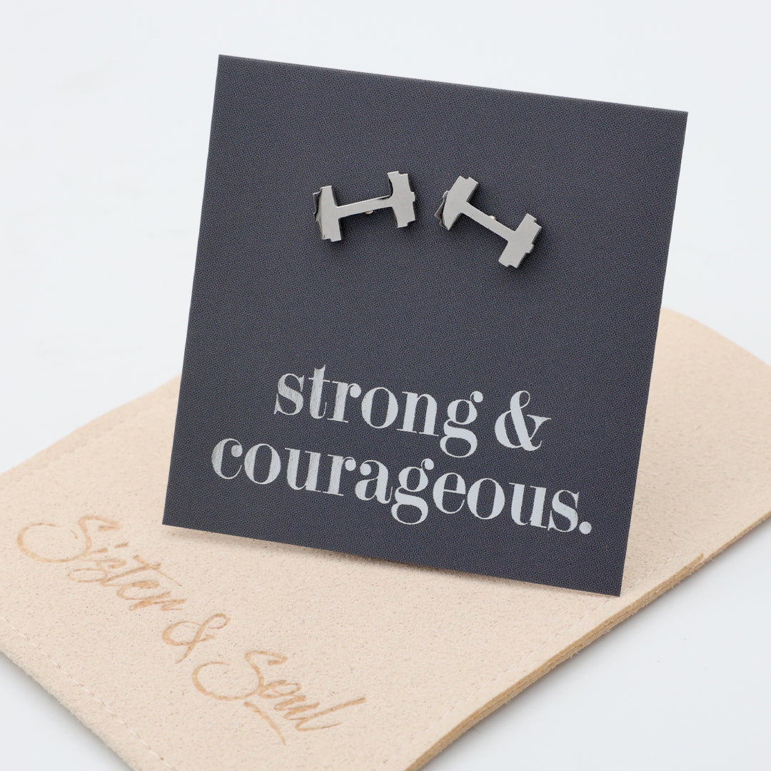 Stainless Steel Earring Studs - Strong & Courageous - DUMBBELLS