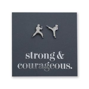Silver Martial Art Studs on a grey card that says "strong & courageous" in silver writing, on a white background. 