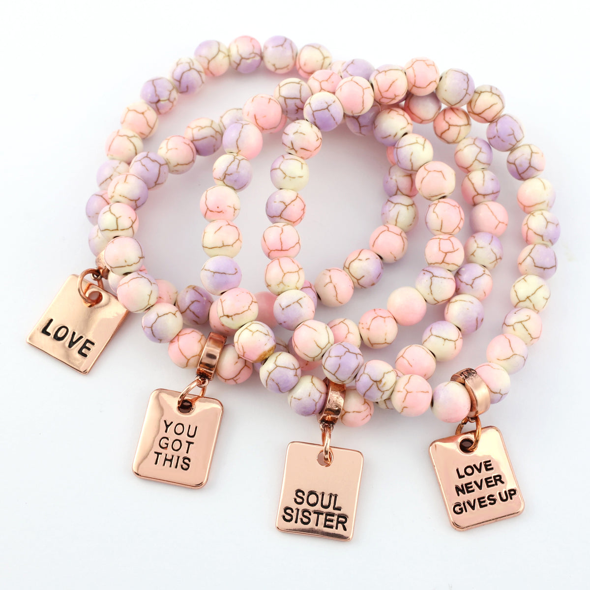 Stone Bracelet - Sugar Plumb Patch Agate Speckled Howlite 8mm Beads - With Rose Gold Charms