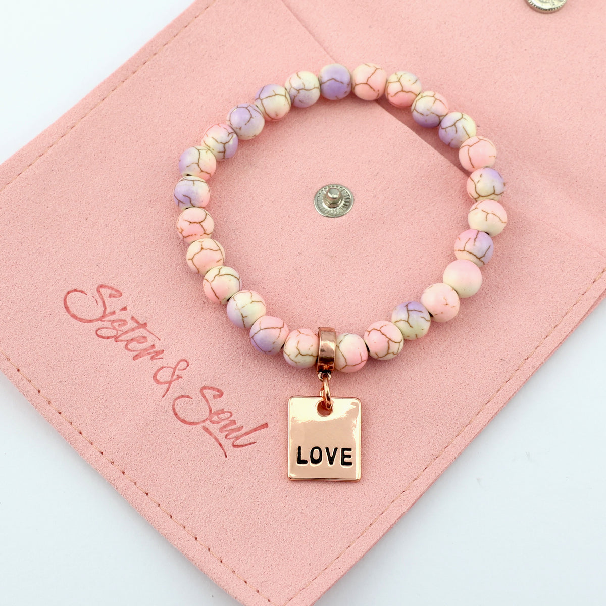 Stone Bracelet - Sugar Plumb Patch Agate Speckled Howlite 8mm Beads - With Rose Gold Charms